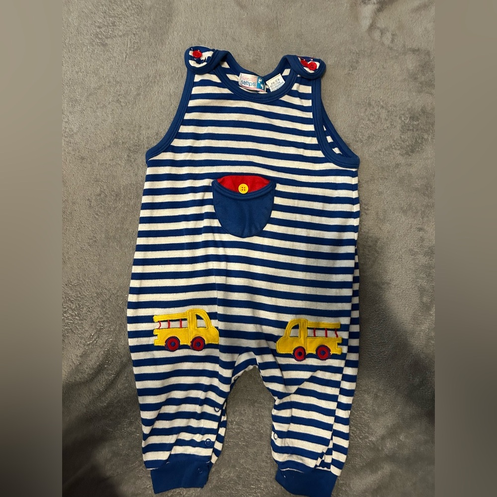 Striped Blue and White Baby Romper with Yellow Truck Design